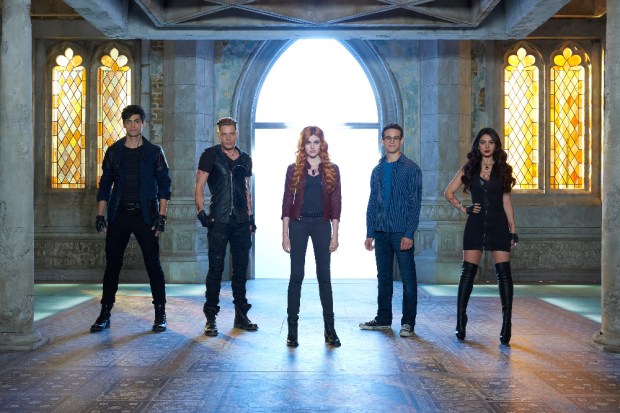 SHADOWHUNTERS - ABC Family's "Shadowhunters" stars Matthew Daddario as Alec Lightwood, Dominic Sherwood as Jace Wayland, Katherine McNamara as Clary Fray, Alberto Rosende as Simon Lewis and Emeraude Toubia as Isabelle Lightwood. (ABC Family/Bob D'Amico)